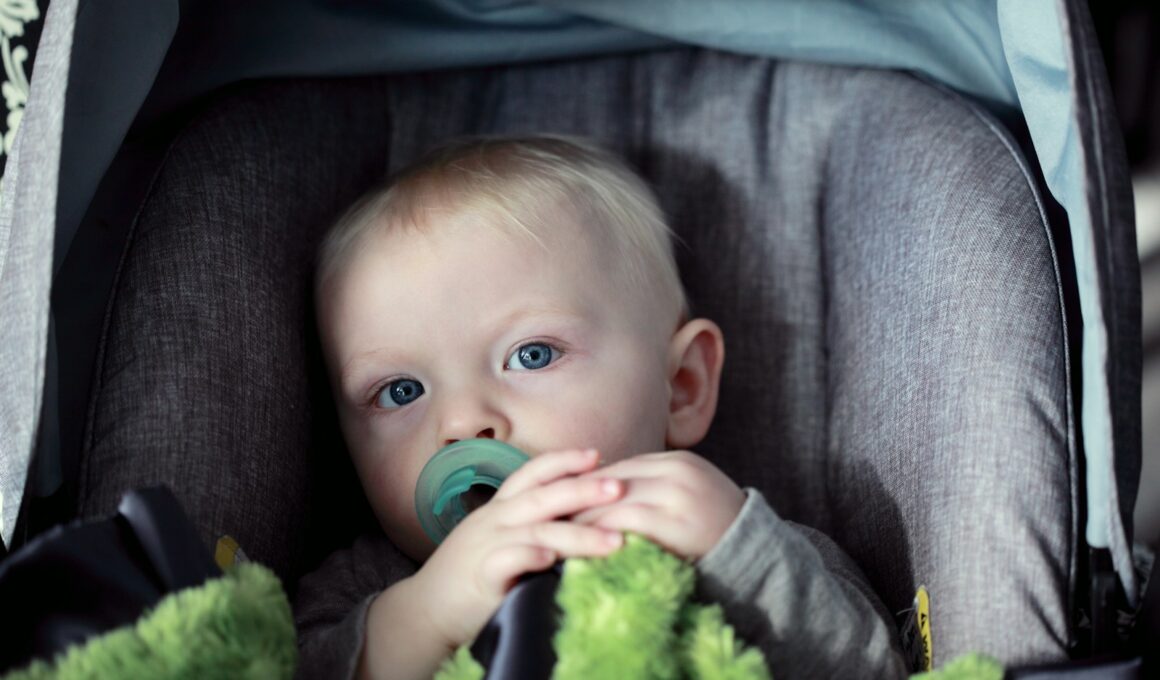 baby on gray stroller
